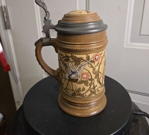 Antique V&B Mettlach Beer Stein Etched #1968 Storks & Young Lovers c.1890